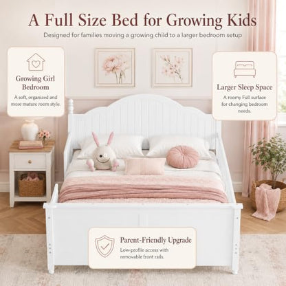 Full Size Kids Bed Frame with Removable Guardrails, Low Profile, White | 3 guardrail setups: all installed, front removed or all removed; 8 slats; 6-inch mattress sold separately; no box spring - color: White, size: Full