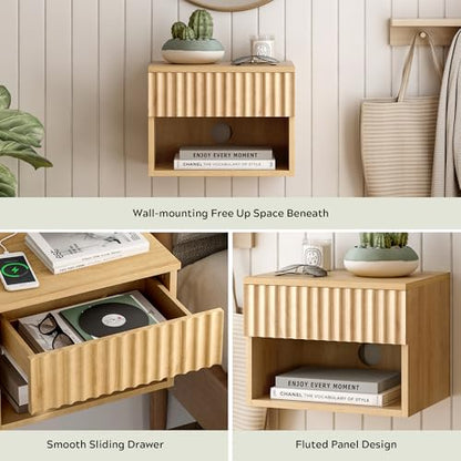 Fluted TV Stands Set of 4, Modern Small Floating Nightstand with Drawer and Open Storage Shelf Night Stand Wall Mounted Bedside Tables Natural Oak - color: Natural Oak, size: 4 PCS