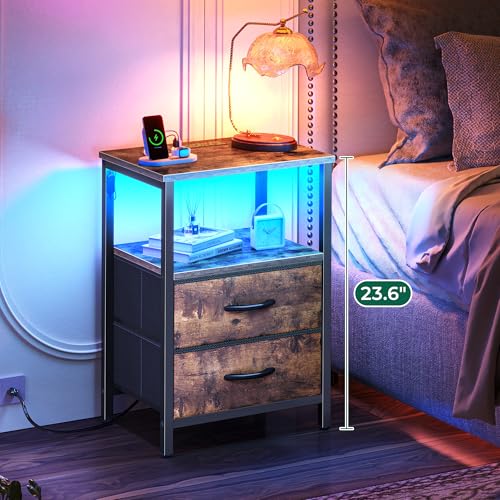 Huuger Night Stand with Charger Station and LED Lights, 2 Drawer Nightstand | Bed Side Table with Open ShelfEnd TableFabric Dresser for Bedroom, Rustic Brown - color: Rustic Brown, size: 11.8"D x 15.7"W x 23.6"H（2 Drawers）
