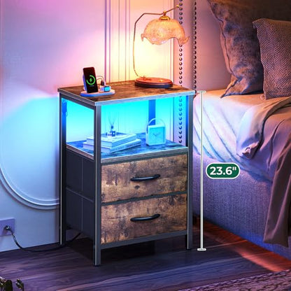 Huuger Night Stand with Charger Station and LED Lights, 2 Drawer Nightstand | Bed Side Table with Open ShelfEnd TableFabric Dresser for Bedroom, Rustic Brown - color: Rustic Brown, size: 11.8"D x 15.7"W x 23.6"H（2 Drawers）