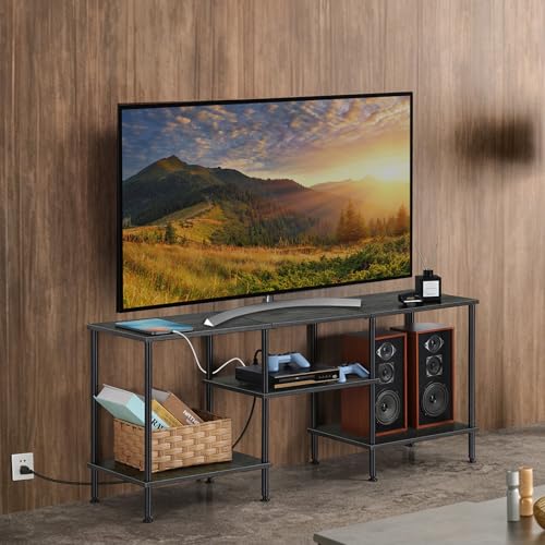 OYEAL Bedroom TV Stand with Power Outlets up to 50 inch TV, Small Entertainment Center Stand with Storage Modern Media TV Console Table for Living Room Bedroom, Dark Grey - color: Dark Grey