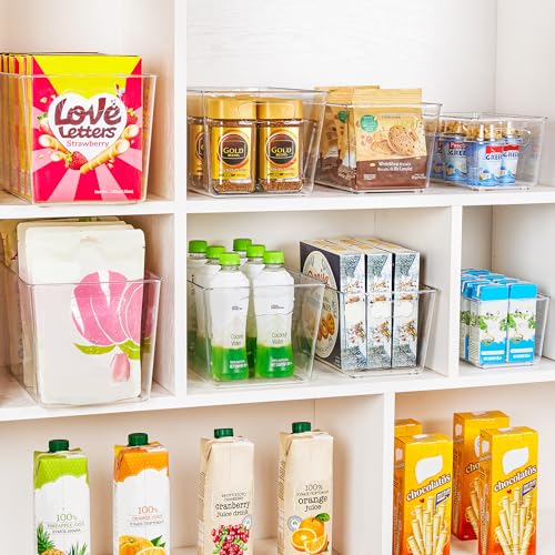 YIHONG 4 Pack Clear Storage Bins, Pantry Organizer Bins with Handle, Small | Plastic Bins, Pantry Storage Containers for Kitchen, Freezer, Cabinet, Closet, Bathroom, Under Sink Organizers and Storage - size: S(9.3"L x 5.2"W x 4.3"H)