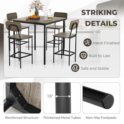 NAFORT Counter Height Dining Table Set for 4, Industrial Bar Table and Chairs Set, 5 Piece Square Pub Table with 4 Stools, Space-Saving Kitchen & Dining Room Furniture Set for Pub, Home, Restaurant - color: Grey