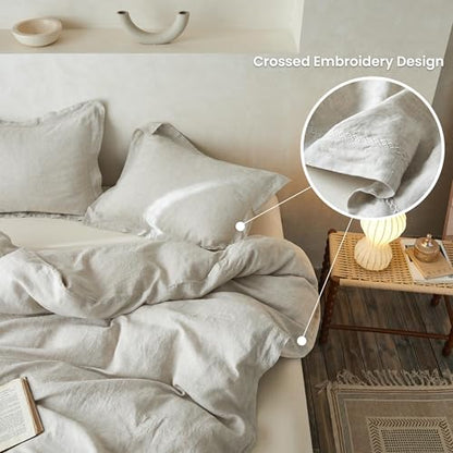 Simple&Opulence 100% Linen Duvet Cover Set with Crossed Embroidery Washed - 3 Pieces (1 Duvet Cover with 2 Pillow Shams) Soft Breathable Farmhouse - Linen, Queen Size - color: Crossed-linen, size: Queen