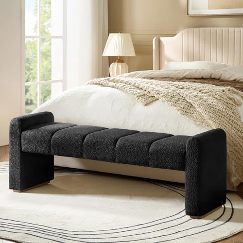55" Upholstered End of Bed Bench with Rubber Wood Legs,Entryway Ottoman with Thick Padded Cushion for Bedroom and Living Room，Black - color: Black