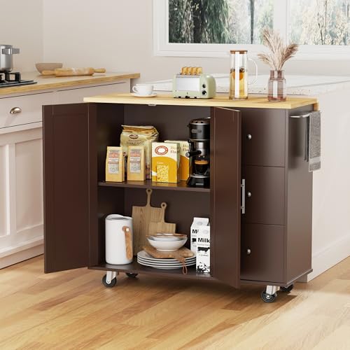 QAQA 40" Kitchen Island Cart Furniture cart on Wheels Rolling Portable Dining Room Serving Utility Carts Mobile Movable with Drawers Cabinet,Brown - color: Brown, size: 40-IN