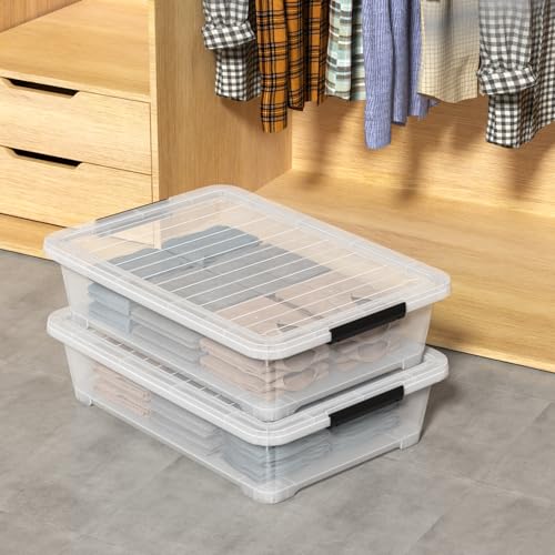 40 Quart Large Clear Plastic Underbed Storage Boxes Bin, 4 Packs | Flat Under Bed Organization Container with Wheels - size: 40 Quart