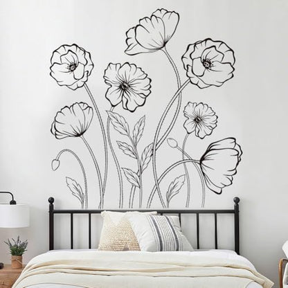 Black Flowers Wall Decals Simple Sketch Floral Wildflower Wall Stickers Large Boho Flowers Wallpaper Peel and Stick Wall Art Decal for Bedroom Living Room