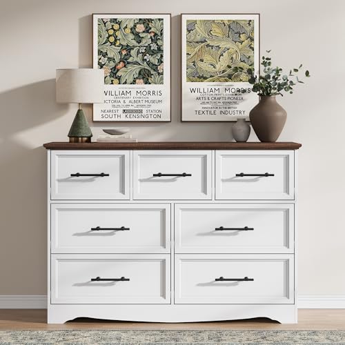 YANSNWO White 7 Drawer Dresser for Bedroom, 47" Wide Chest of Drawers | Brushed Metal Handles, Unique Base Design, Replicated Wood Grain Finish, Modern Farmhouse for Bedroom/Living Room/Hallway - color: White, size: 15.7"D x 47.2"W x 33.4"H (7 Drawers)