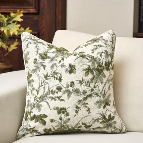 Vintage Floral Pillow Cover 18 x18 Inches, Nature Chenille Square Throw Pillow Cover Soft Luxury Neutral Accent Couch Pillow Cover for Living Room Bedroom, Green - color: Green, size: 18" x 18" (Pack of 1)