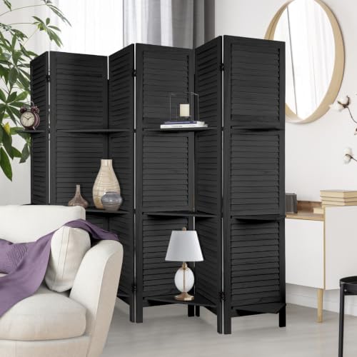 6 Panel Room Divider with Shelves | Freestanding Wooden Louvered Privacy Screen, Built‑in Display Shelves, Foldable Hinges, Black - color: Black-6 Panel, size: 6 Panel