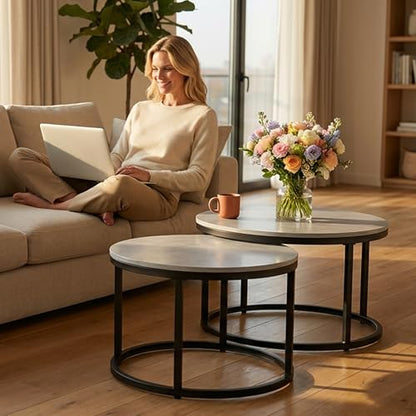 Nesting Coffee Table Set of 2, Round Stacking Coffee Tables with Nesting Coffee Table Set of 2, Round Stacking Coffee Tables with Resin Top & Metal Frame - color: Media Size + Black Frame