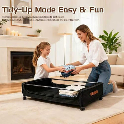 Under Bed Storage with Wheels, Black, 35L Large Capacity | Clear Lid & Label, Rolling Metal Drawer, For Clothes, Shoes, Toys, Books, Blankets