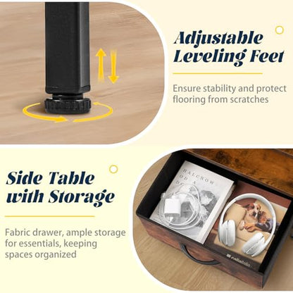Night Stand with Charging Station, Bedside Table with Adjustable Fabric Drawers, End Table with LED Lights, Side Table with USB Ports Open Shelf for Bedroom, Brown - color: Brown