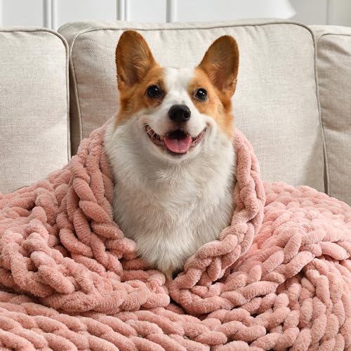 Soft Chunky Knit Blanket, 50X60 Inch Handmade Thick Chenille Yarn Throw Without Shedding & Raveling, Aesthetic & Cozy Home Decor with Couch Sofa Bed, Gift Pack, Pale Pink - color: Pale Pink, size: 50x60 inches