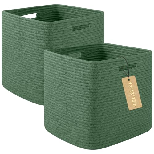 OIAHOMY 2 PACK Cube Storage Bin 13 Inch Collapsible Storage Cube Green | Cube Storage Organizer Storage Bins for Shelves Baskets for Organizing Woven Rope Storage Baskets - color: Green, size: 2Pcs-13*13*13inch
