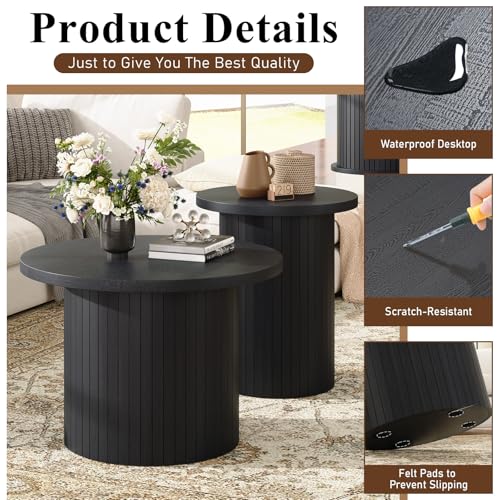 Nesting Coffee Table Set of 2, Mid Century Modern Round Coffee Tables, Wood Slat Side Table Set for Living Room, Office, Balcony, Textured Black - color: Black