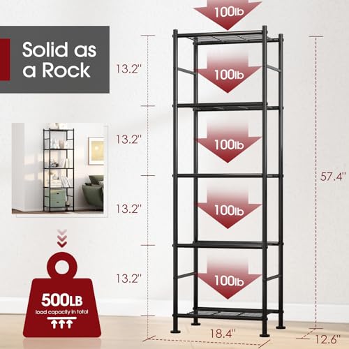 Sakugi Storage Shelves - 5 Tier Shelf Organizer, Heavy Duty Garage Shelving Unit with Leveling Feet, Stable Metal Shelves Organizer for Pantry, Kitchen and Closet, 18.4" W x 12.6" D x 57.4" H, Black - color: Black, size: 18.4W×12.6D×57.4H(5T)