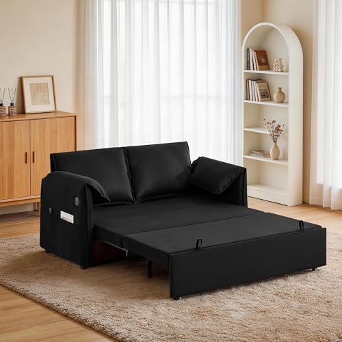 63" 3-in-1 Velvet Convertible Sleeper Sofa Bed, Modern Adjustable Backrest Loveseat Pull Out Couch with USB & Side Pocket, Small Space Love Seat Sofa Bed for Living Room, Bedroom, Black Velvet - color: Black
