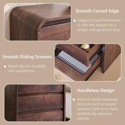 Aitjunz 25" Tall Modern Nightstand with Charging Station, 23.6'' Wide Wood Bedside Table w/3 Storage Drawers, Small Dresser w/Curved Profile Design, End Table for Bedroom, Brown - color: Brown