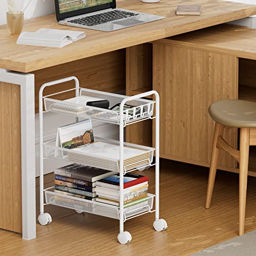 3-Tier Mesh Rolling Cart - 24.8" H Fits Under Desk Metal Cart with Wheel | Hold 35bls/Tier Small Space Storage Organizer Crafts Utility Cart for Office Pantry Bathroom Kitchen Laundry White - color: White, size: 3 tier