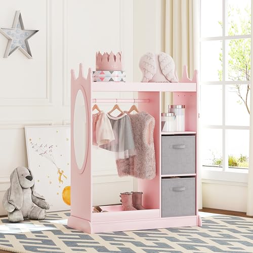 UTEX Kids Armoire Wardrobe Closet with Mirror and Storage Bin, Pink, 33.4 in W x 15.75 in D x 44.5 in H | See and Store Kids Wardrobe, Toddler Dress Up Rack, Open Hanging Armoire Closet, Water-based Paint, Princess Style - color: Pink