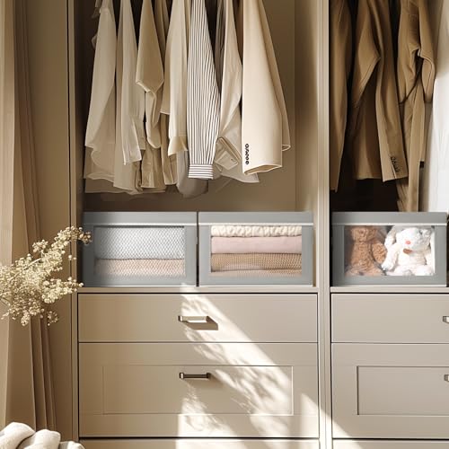 Storage Bins with Lids - Fabric Closet Storage Bins with Window, Collapsible Baskets for Shelves 4 Pack, Home Decorative Boxes for Clothes, Closet, Office, Grey - color: Grey, size: L(4-Pack)
