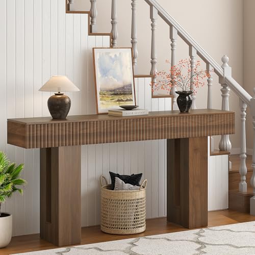 63-Inch Long Entryway Console Table with a Fluted Design, Thick Wood Farmhouse Sofa Table Behind Couch, Narrow Hallway Accent Table for Living Room, Foyer, Entrance,Modern Walnut - color: Walnut, size: 63 Inch