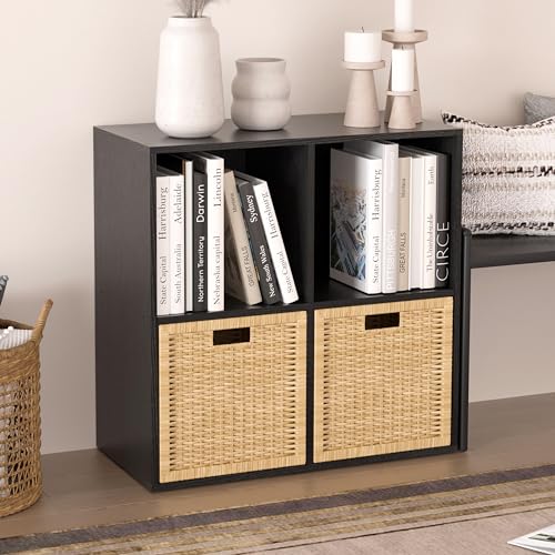 Wooden 4 Cube Storage Organizer with Closed Back Panel,White Cube Shelf Cubby Storage Organizers with Compartments for Living,Bookshelf,Organizers Easy to Install (Black, 4 Cube) - color: Black, size: 4 Cube-11in