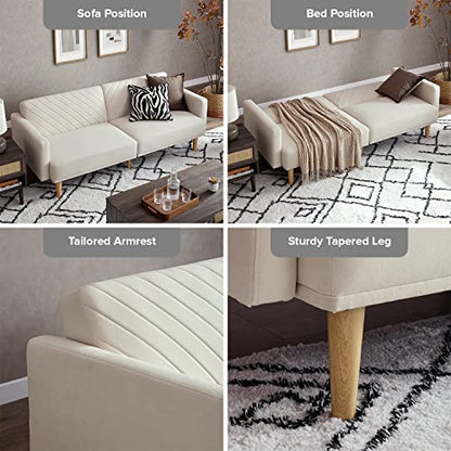 mopio 76.4" Futon Sofa Bed Chevron Styled, Sleeper Couch (Snow Velvet) | Quick-fold back makes an instant nap spot; a lightweight, apartment-friendly frame moves room to room. - color: Snow Velvet