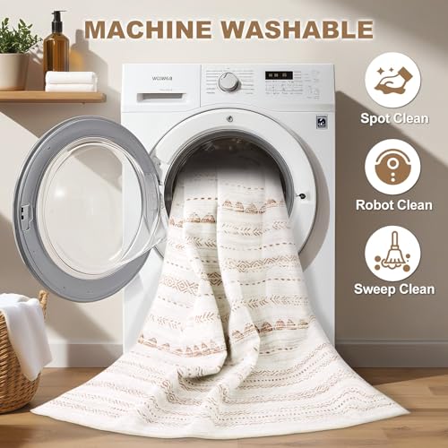 Nakagishi Boho 2x6 Runner Rug Machine Washable Rugs Non Slip Beige/Brown | Soft Underfoot, Stain Resistant, Carpet for Bedroom/Kitchen/Entryway/Hallway, Bathroom Pet & Kid Friendly Moroccan Farmhouse - color: Beige Brown, size: 2' X 6' (Runner)