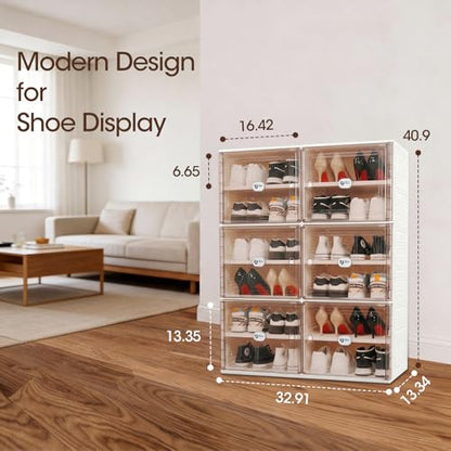White Shoe Rack Organizer for 24 Pairs of Folding Design | Tool-free Assembly, Magnetic Clear Door, Anti-Tiping, Sneaker Storage, adjustable shelf, Folding Design, Garage, Entryway - size: 6Tier