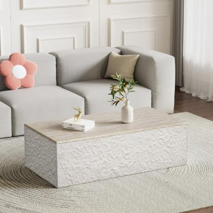 Henf Modern Faux Stone Coffee Table with Travertine Top, 47''x24''x14'' | Multi-Use Living Room Table, Faux Rock Base, Low-Profile Design, Waterproof & Stain-Resistant, Scratch-Resistant Surface - color: Natural, size: 47in