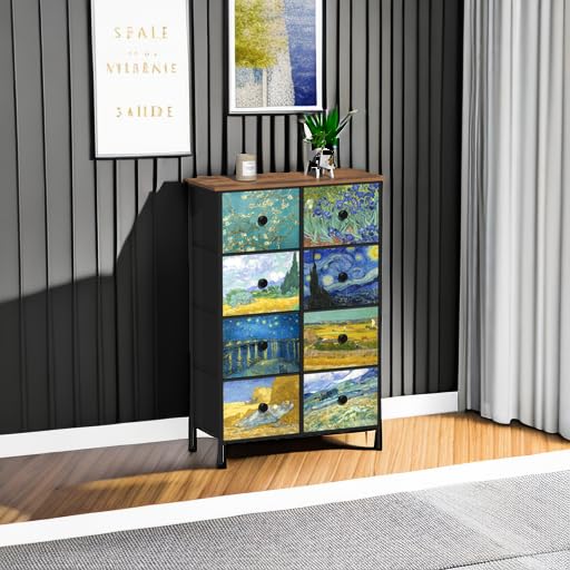 EXOTICA Tall Dresser with 8 Drawer for Bedroom Narrow Van Gogh Chest of Drawers for Hallway Closet Living Room Steel Frame Rustic Brown Wood Grain Wood Top - size: 26.6"D x 11.8"W x 39.4"H (8 Drawers)