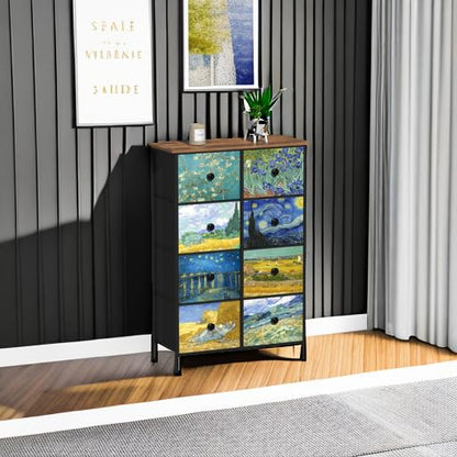 EXOTICA Tall Dresser with 8 Drawer for Bedroom Narrow Van Gogh Chest of Drawers for Hallway Closet Living Room Steel Frame Rustic Brown Wood Grain Wood Top - size: 26.6"D x 11.8"W x 39.4"H (8 Drawers)