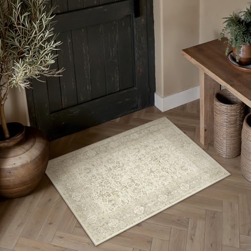 Beige Small Entryway Rug 2x3 Vintage Traditional Distressed | Washable, Non Slip, Soft Low Pile, Door Mat for Indoor Entrance, Kitchen, Bathroom, Farmhouse Decor - color: Accent Beige, size: 2' x 3' (Rectangular)