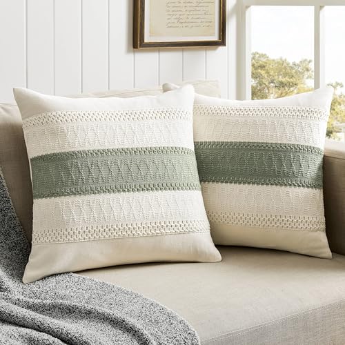 2 Pack Boho Throw Pillow Covers, Contrast Green 18x18in | Soft Breathable Cotton, Farmhouse Decorative Couch Pillow Cases, Cushion Covers for Sofa Bed Living Room Home Decor - color: Contrast/Green, size: 18" x 18" (Pack of 2)