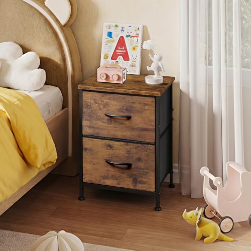 WLIVE Night Stand, Small Dresser with 2 Drawers & Wooden Top, Nightstand with Fabric Bins, Bedside Table End Table for Bedroom, Closet, Entryway, College Dorm, Rustic Brown | Nightstand with Fabric Bins, Bedside Table End Table for Bedroom, Kids Room - co