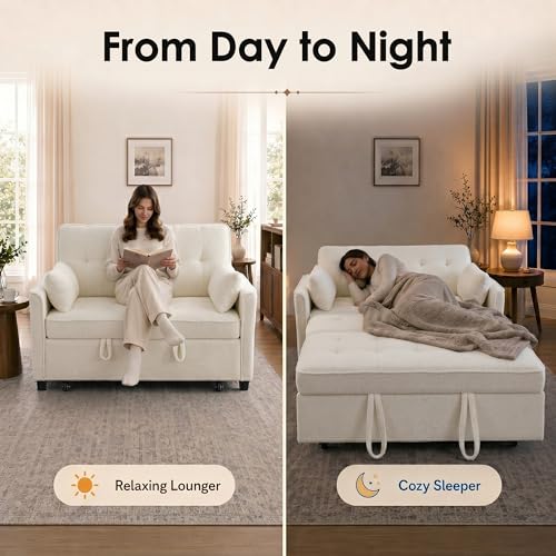 Dreamzie 55'' 3 in 1 Convertible Sofa Bed with USB Charging Ports, Pull Out Couch with Adjustable Backrest and Side Pockets, Sleeper Sofa for Living Room, Apartment, RV, Easy Assembly - Beige - color: Beige