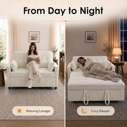 Dreamzie 55'' 3 in 1 Convertible Sofa Bed with USB Charging Ports, Pull Out Couch with Adjustable Backrest and Side Pockets, Sleeper Sofa for Living Room, Apartment, RV, Easy Assembly - Beige - color: Beige