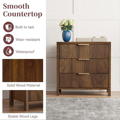 Fluted Nightstand, 23.7'' Wide Night Stand with 3 Drawers, Mid-Century Modern Bedside Table with Handles, Wood End Table for Bedroom, Walnut - color: Walnut