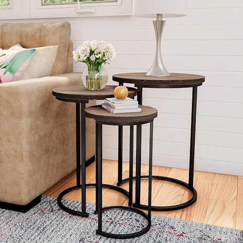 HYGRAD BUILT TO SURVIVE Set of 3 Round Wooden/Steel Nesting Side Stacking Sofa Side Coffee Tables, Small Space Coffee Tea Table for Hallway Living Room Bedroom, Home, Office (Brown/Black) - color: Brown/Black