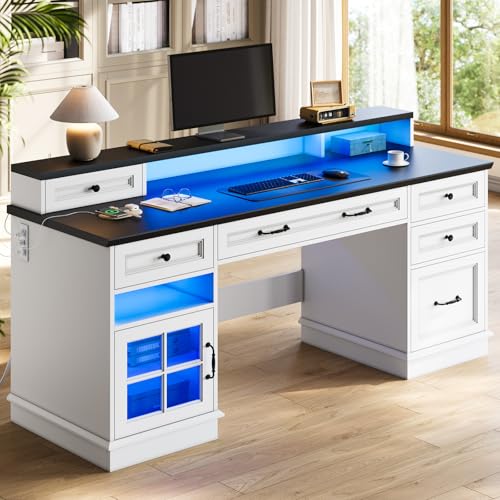 HAUOMS Farmhouse Executive Desk Computer Desk with Drawers, White | Executive Office Desk with File Drawers, Power Outlet, Led Lights, Storage Cabinet and Monitor Shelf for Home Office - color: White