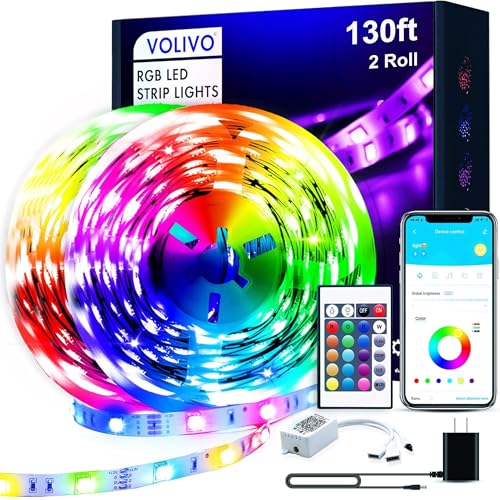VOLIVO 130FT LED Strip Lights for Bedroom RGB Color Changing | Bluetooth App Control, IR Remote Control, Music Sync, Room Home Decor Lighting - size: Bluetooth 130ft