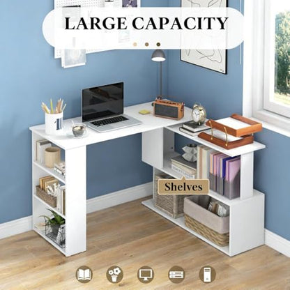 Writing Table Workstation L-Shaped Corner Desk, White | Particle board, laminated surface, 360° rotating design, large desk, 2-tier shelf