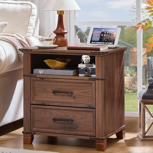 Farmhouse Night Stand with Charging Station, Brown | 2 Drawers End Tables Bedroom, Bedside Table with Metal Handles & Solid Wood Foot & Open Shelf - color: Brown