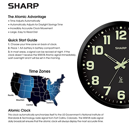 Sharp 12-Inch Atomic Wall Clock, Battery Operated, Glow in Dark | Self-setting atomic time; Easy-read analog face; Automatic time adjustment; Simple setup; Versatile home or office style - color: Black/Glow in Dark, size: Large
