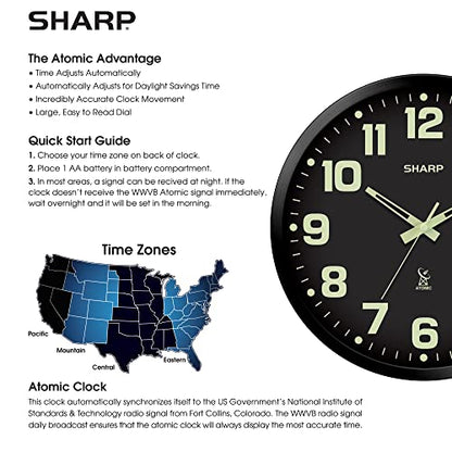 Sharp 12-Inch Atomic Wall Clock, Battery Operated, Glow in Dark | Self-setting atomic time; Easy-read analog face; Automatic time adjustment; Simple setup; Versatile home or office style - color: Black/Glow in Dark, size: Large
