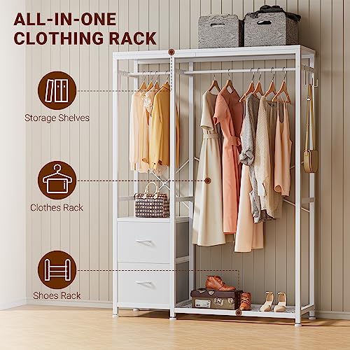 Clothes Rack with 2 Rods, Shelves, Drawers & Hooks, Garment Rack | Clothes rack with 2 hanging rods (50lbs each), 2 shelves, 2 fabric drawers & 4 hooks. 300lb total capacity. Fits small spaces - color: White