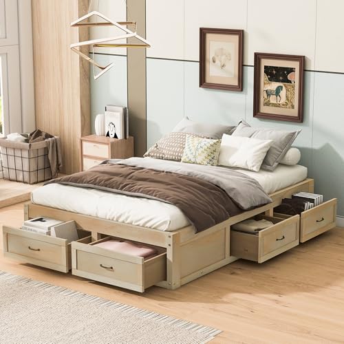 Wooden Platform Bed Full with 6 Large Storage Drawers,Without Headboard Design,Full Size Platform Bed Frame with Support Slats,Farmhosue Storage Beds for Kids Teens Adults,Space-Saving,Antique Natural - color: Antique Natural, size: Full